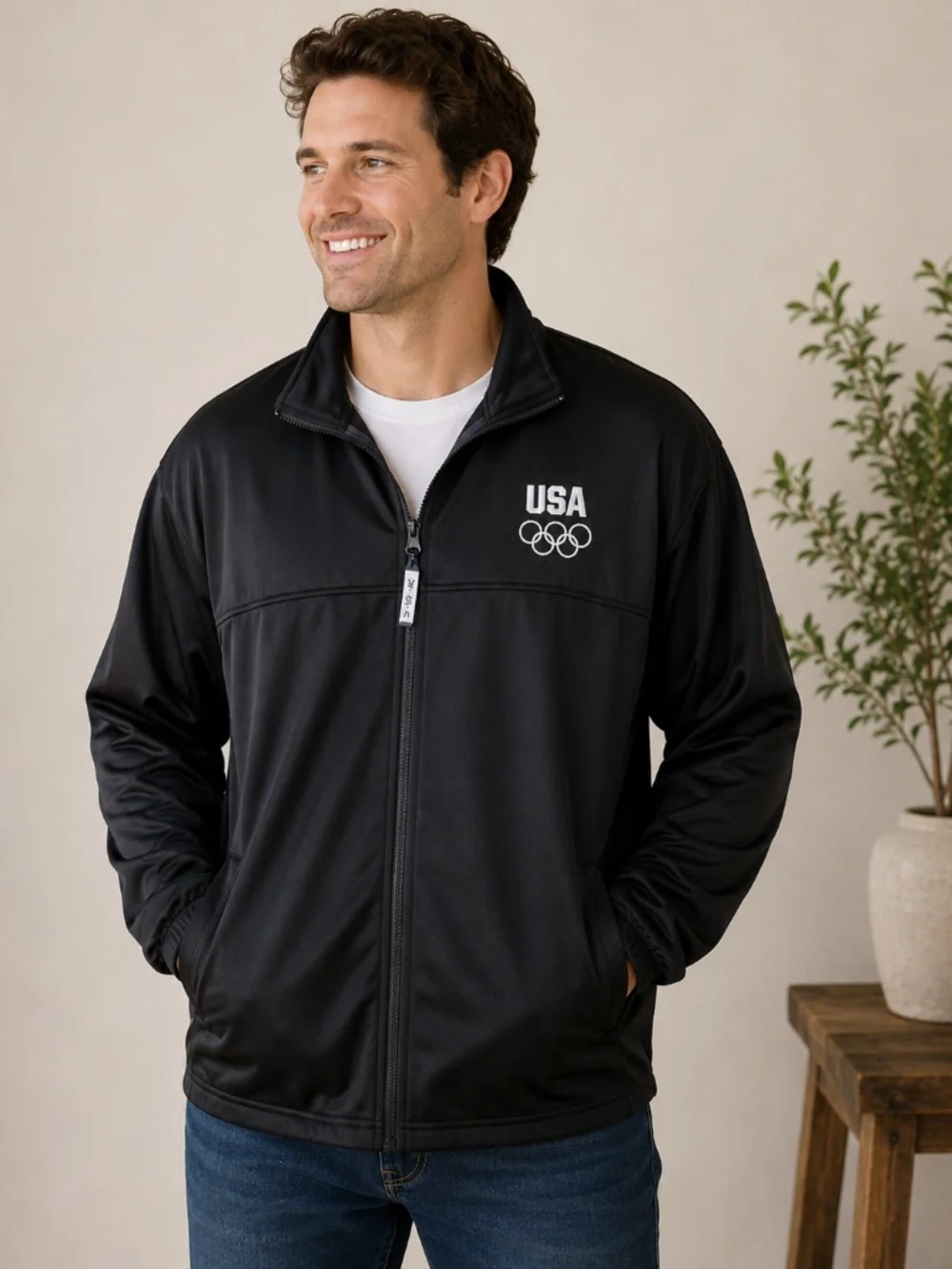 Vintage USA Olympic Committee Track Jacket XXL Black Full Zip Americana Y2K